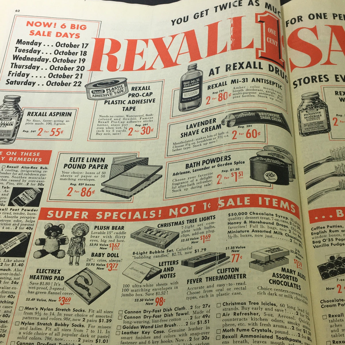 Rexall Drugs promotional page with special prices on various products from VTG Collier's Magazine October 28 1955, capturing mid-century marketing strategies.