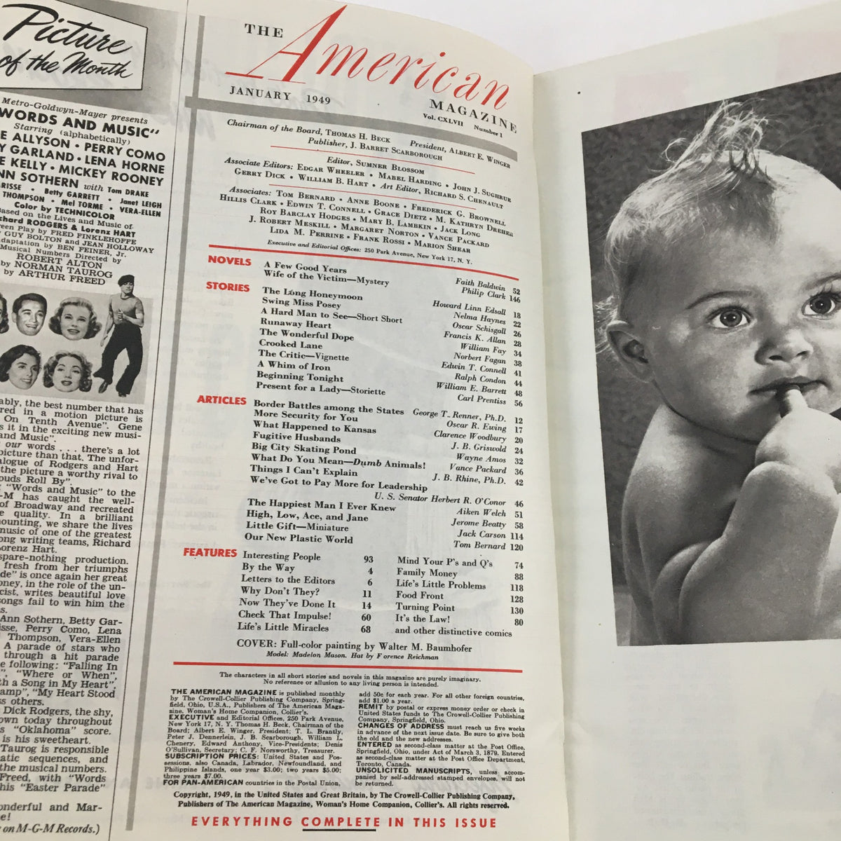 Inside page of The American Magazine January 1949 displaying the contents and featured articles, including 'The Happiest Man I Ever Knew'.