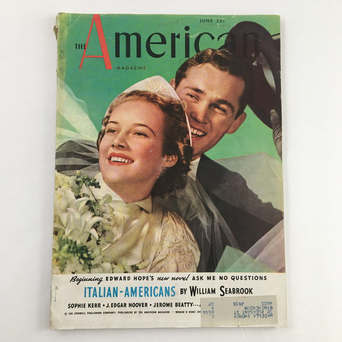Cover of The American Magazine June 1937 featuring the article 'The Italian-Americans' by William Searbook, with a smiling couple and a floral arrangement.