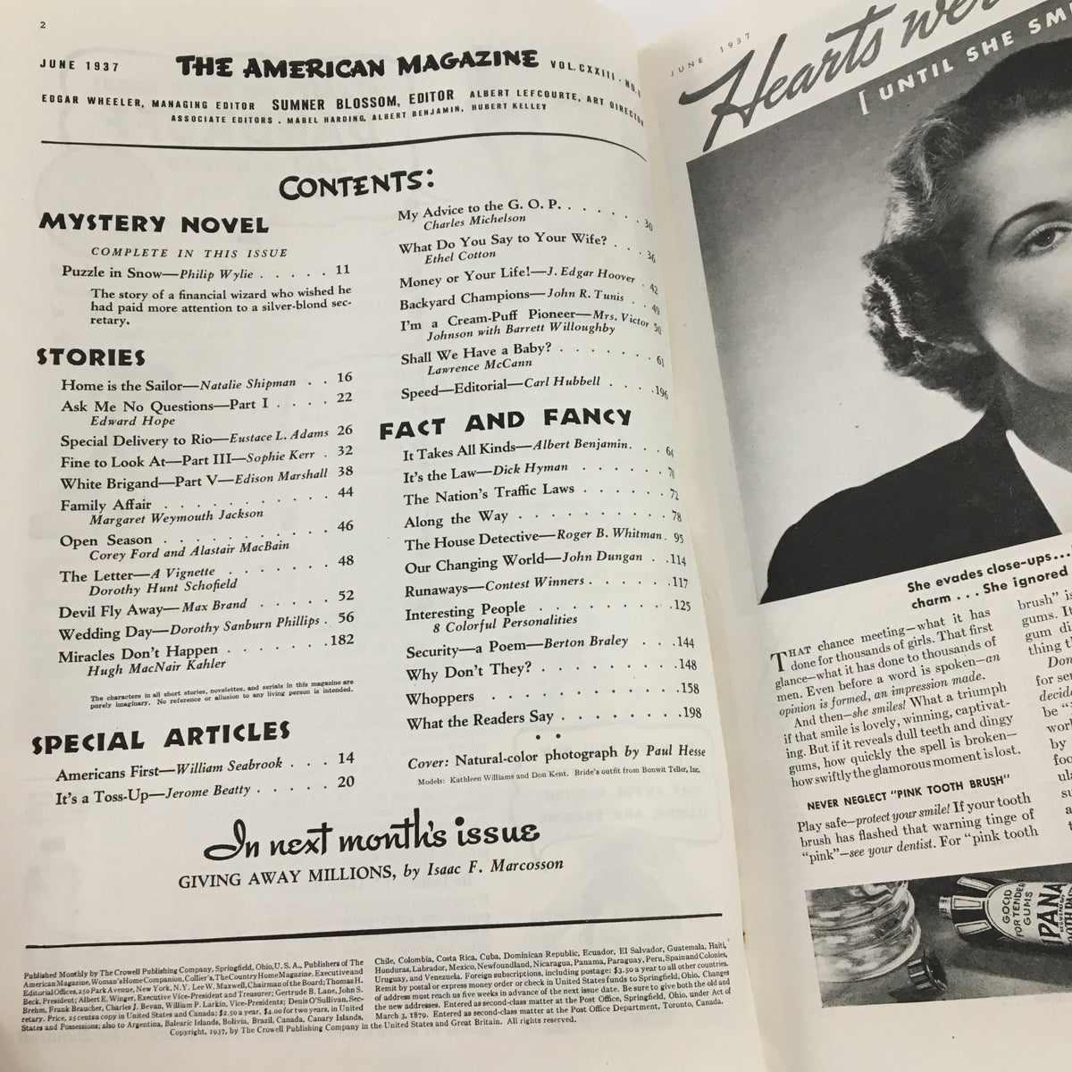 Interior page of The American Magazine June 1937, displaying the contents section with various featured stories including 'The Italian-Americans' by William Seabrook.
