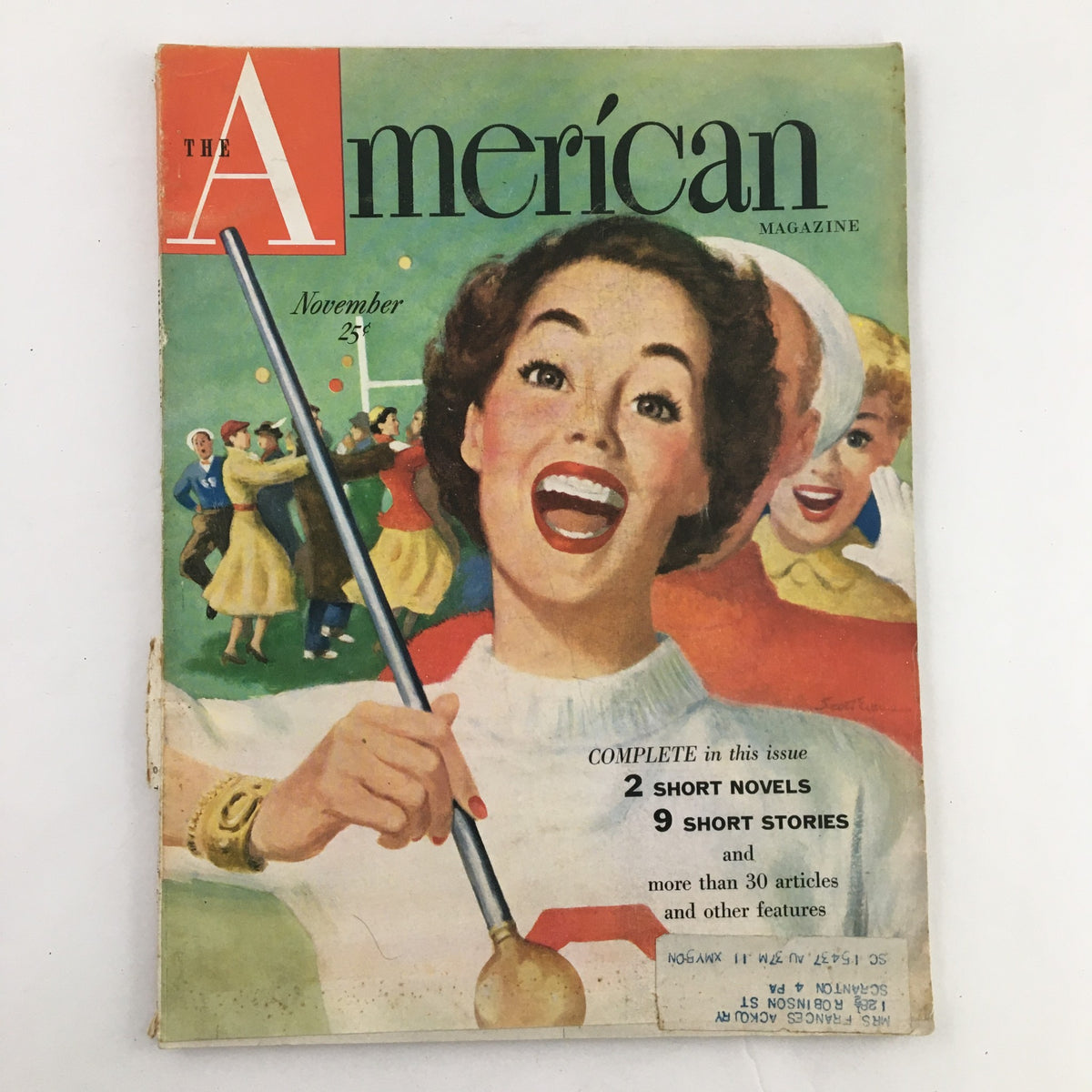 Cover of The American Magazine November 1949 featuring a joyful woman with a spoon, showcasing colorful illustrations and a headline about fake atomic remedies.