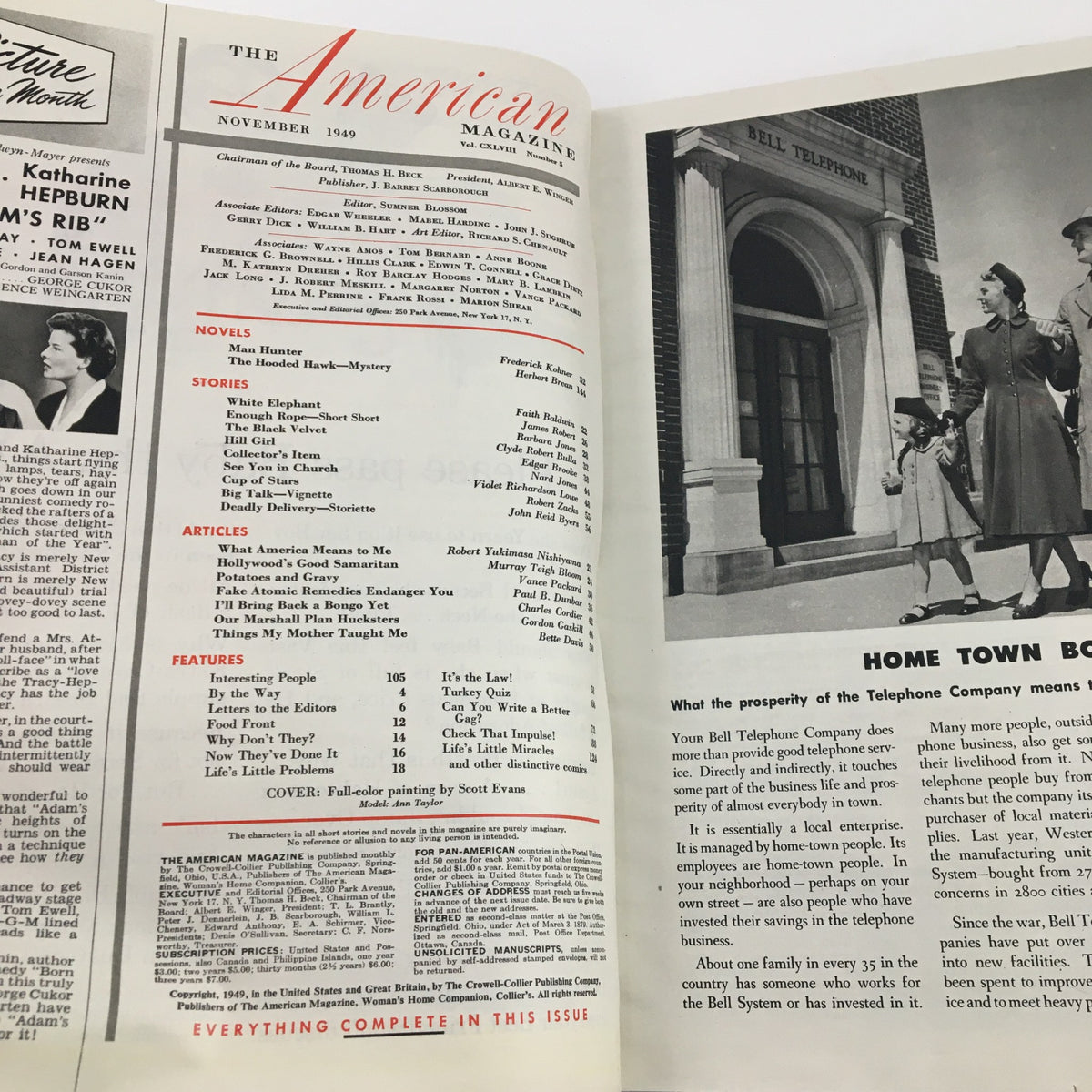Inside page of The American Magazine November 1949 displaying the table of contents, including articles, stories, and features from the post-war era.
