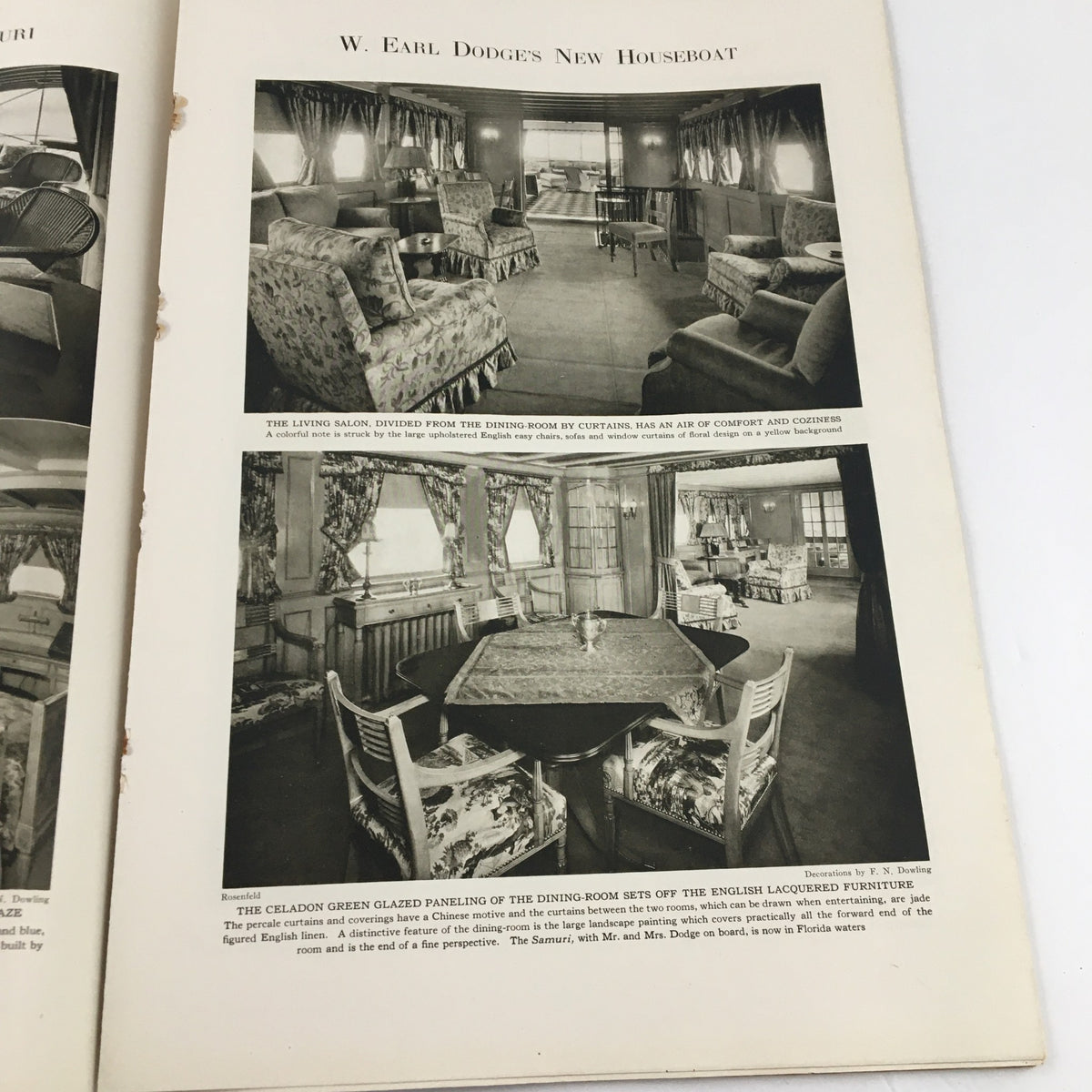 The Spur Magazine January 1, 1926 showcasing interior images of W. Earl Dodge's new houseboat, highlighting the elegant furnishings and decor.