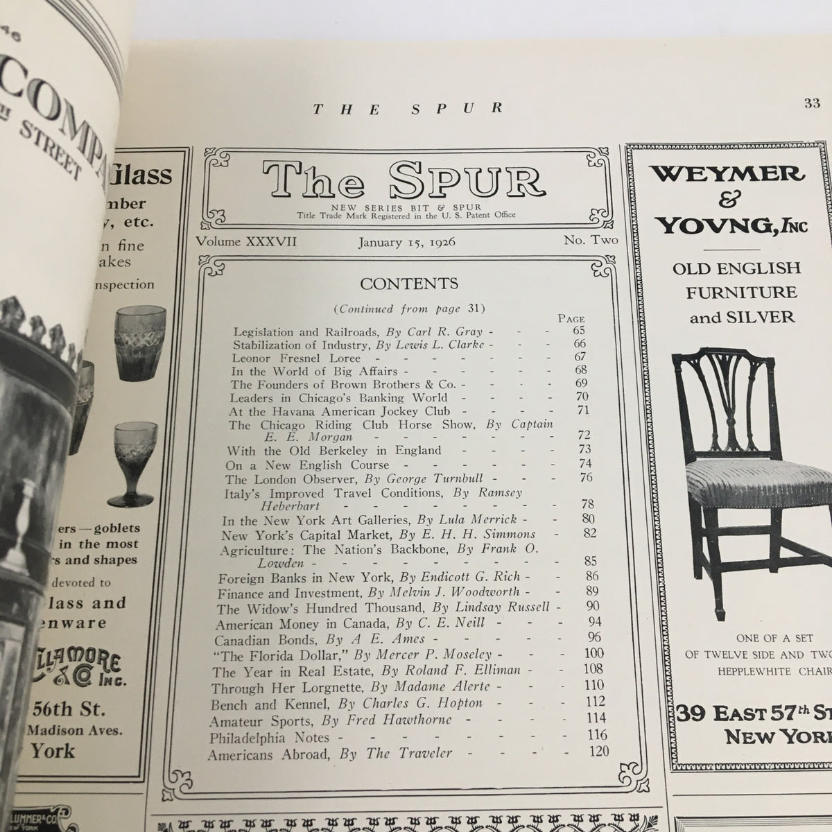 Contents page of VTG The Spur Magazine January 15 1926 listing articles and features of the publication.