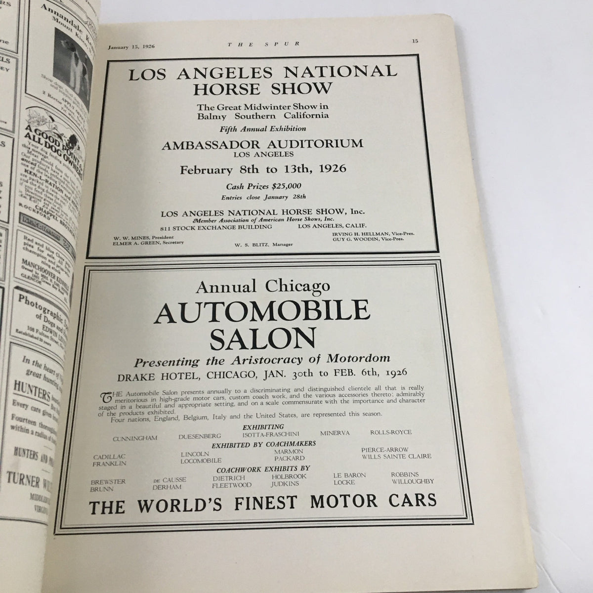 Advertisement section from VTG The Spur Magazine January 15 1926 showcasing events such as the Los Angeles National Horse Show.