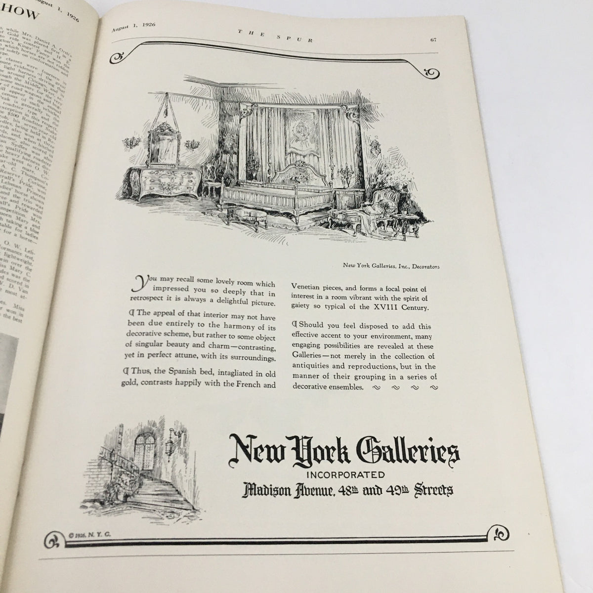 Interior page of VTG The Spur Magazine August 1 1926 highlighting an artistic advertisement for New York Galleries, featuring vintage illustration.