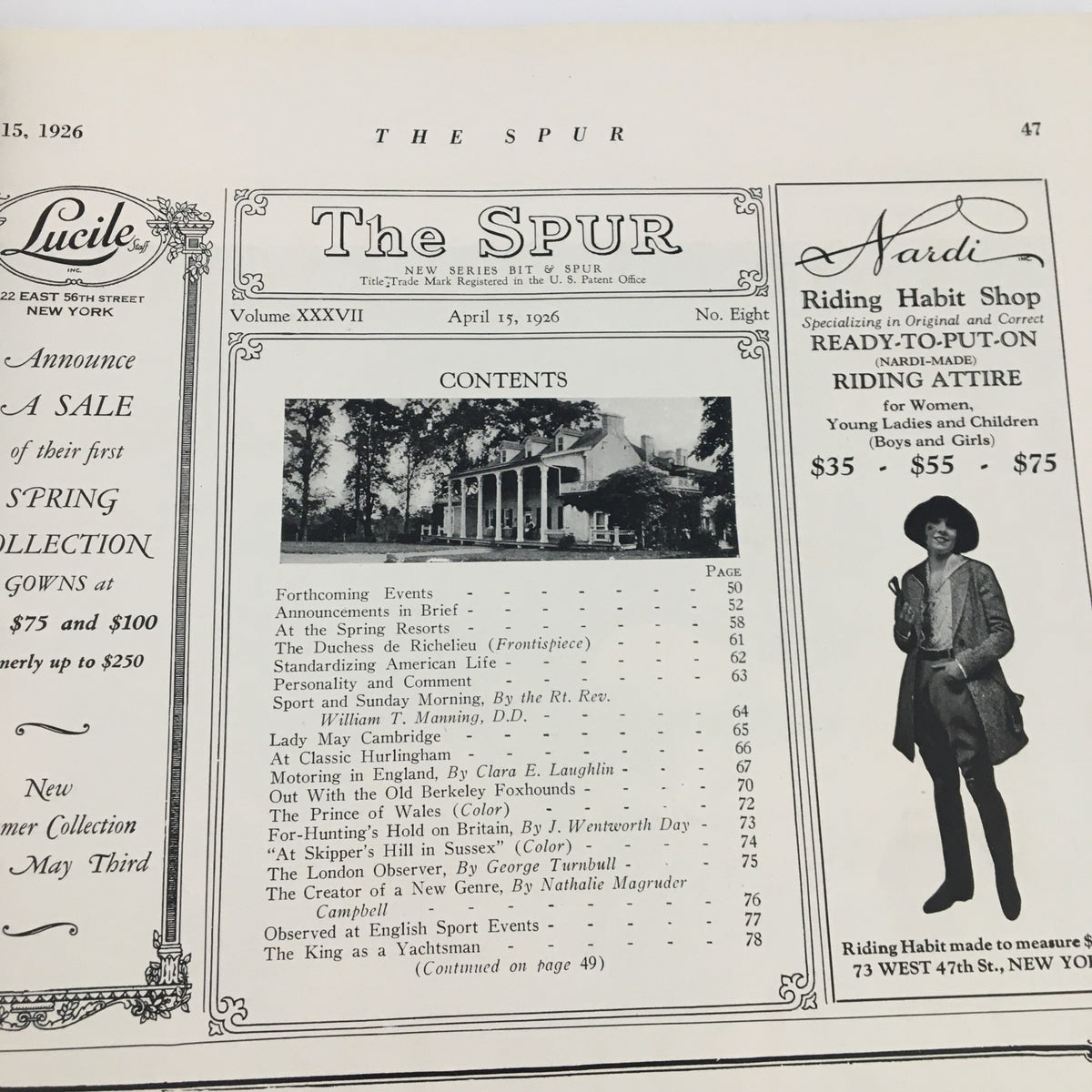 The contents page of the VTG The Spur Magazine April 15, 1926, detailing articles and features.