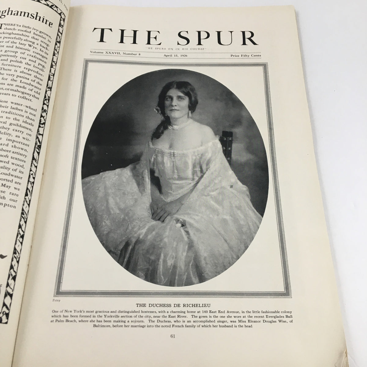 Portrait of the Duchess De Richelieu featured in the VTG The Spur Magazine April 15, 1926, highlighting her significance.