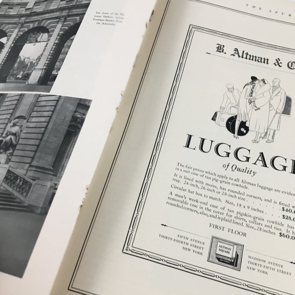 Advertisement page from the VTG The Spur Magazine April 15, 1926, promoting luxury luggage by B. Altman & Co.