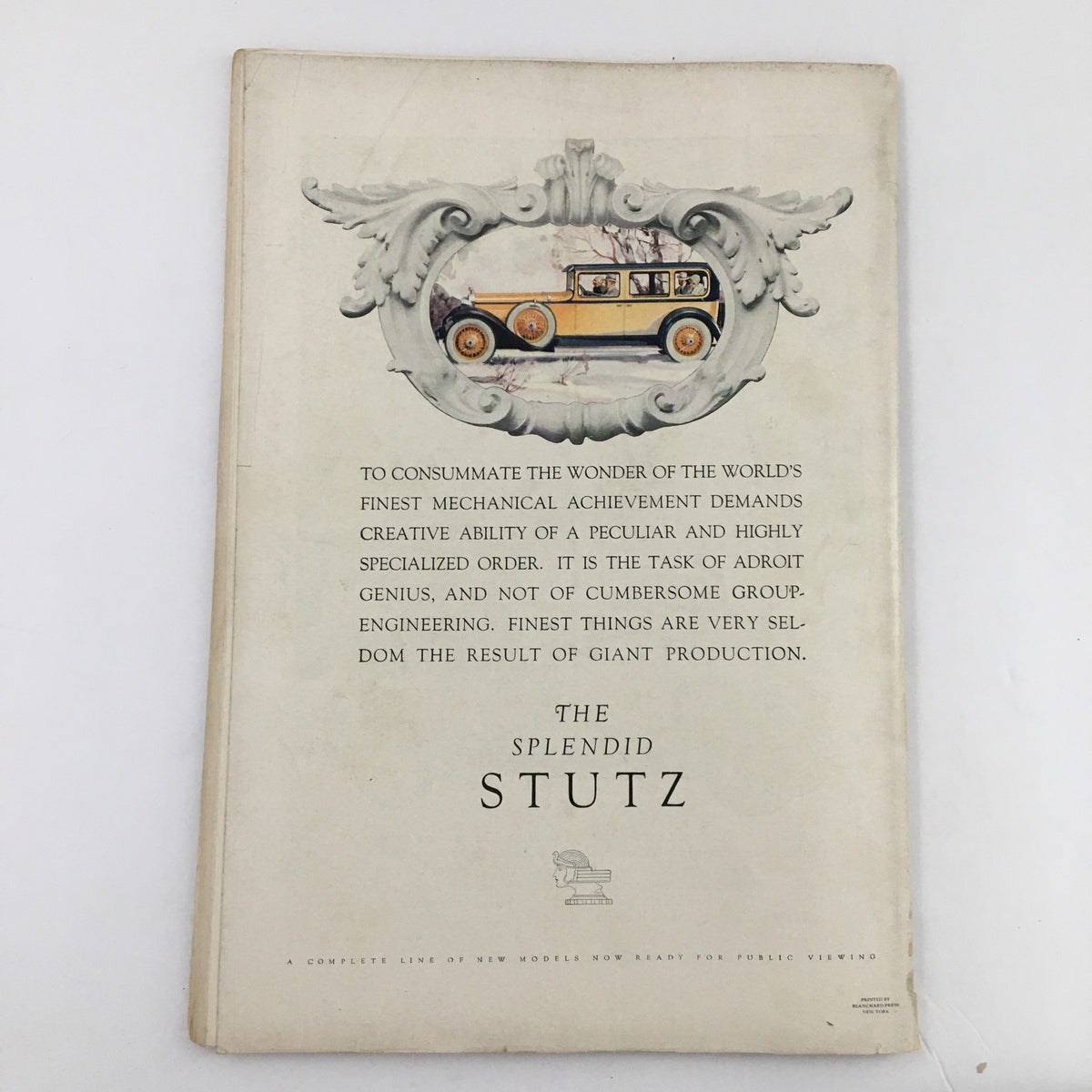 Back cover of The Spur Magazine February 1 1928 highlighting a detailed advertisement for the 'Stutz' automobile, emphasizing craftsmanship and engineering excellence.