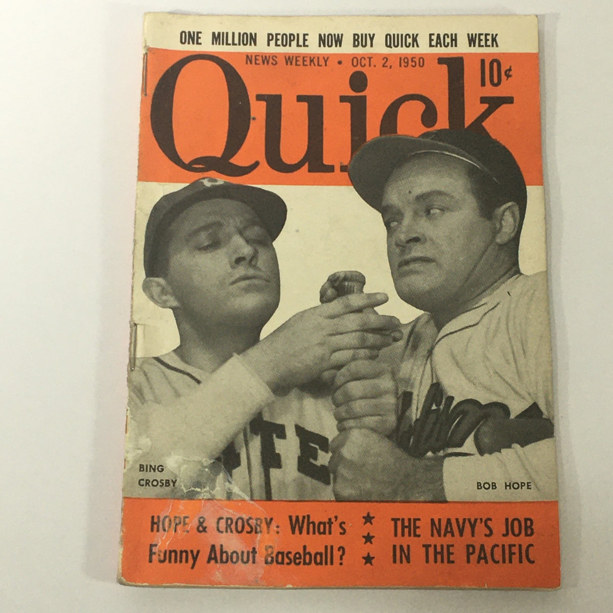 Vintage Quick News Weekly magazine cover from October 2, 1950, featuring Bing Crosby and Bob Hope, showcasing entertainment stories from the 1950s.