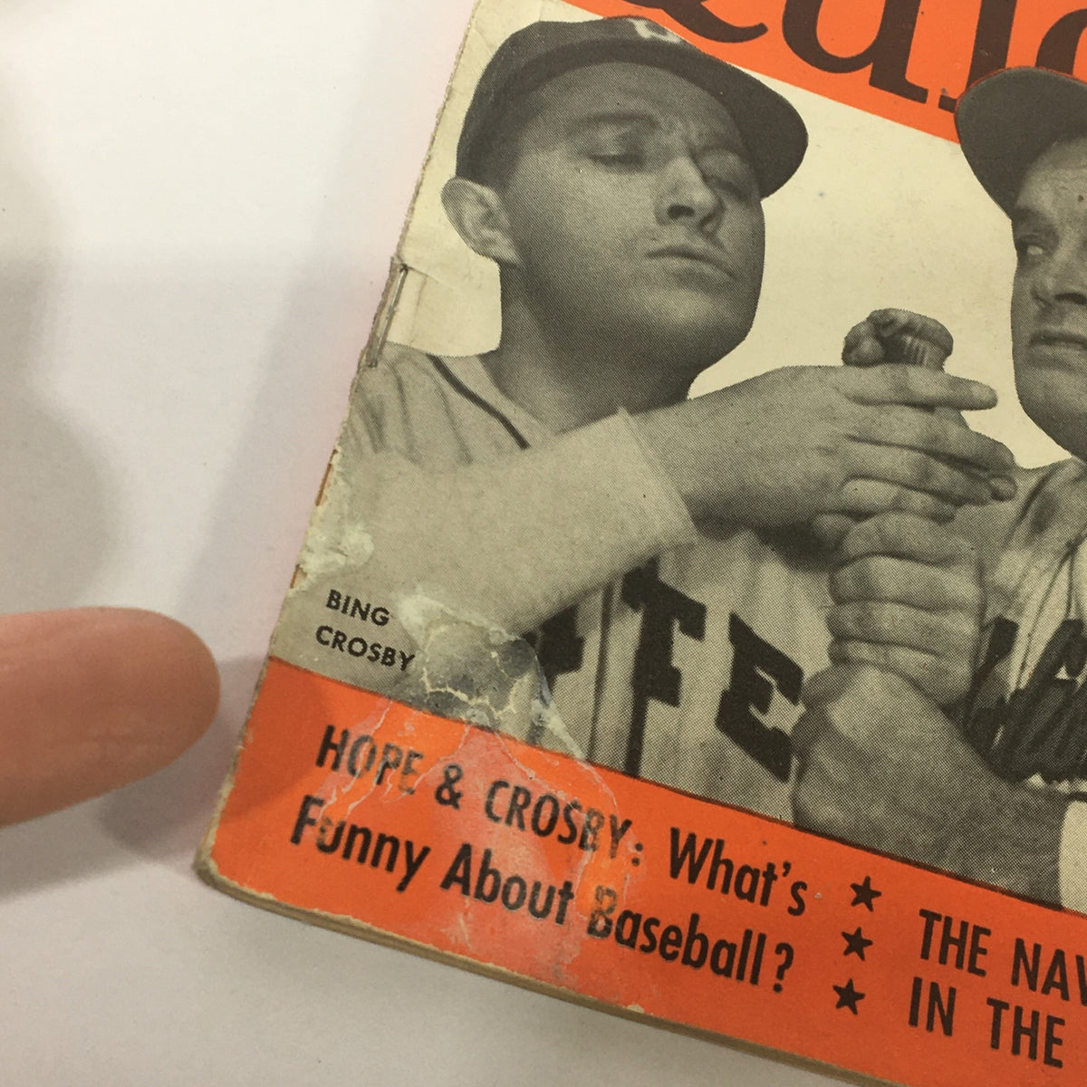 Close-up of the vintage Quick News Weekly magazine cover dated October 2, 1950, highlighting Bing Crosby, with notable features including articles on baseball humor.