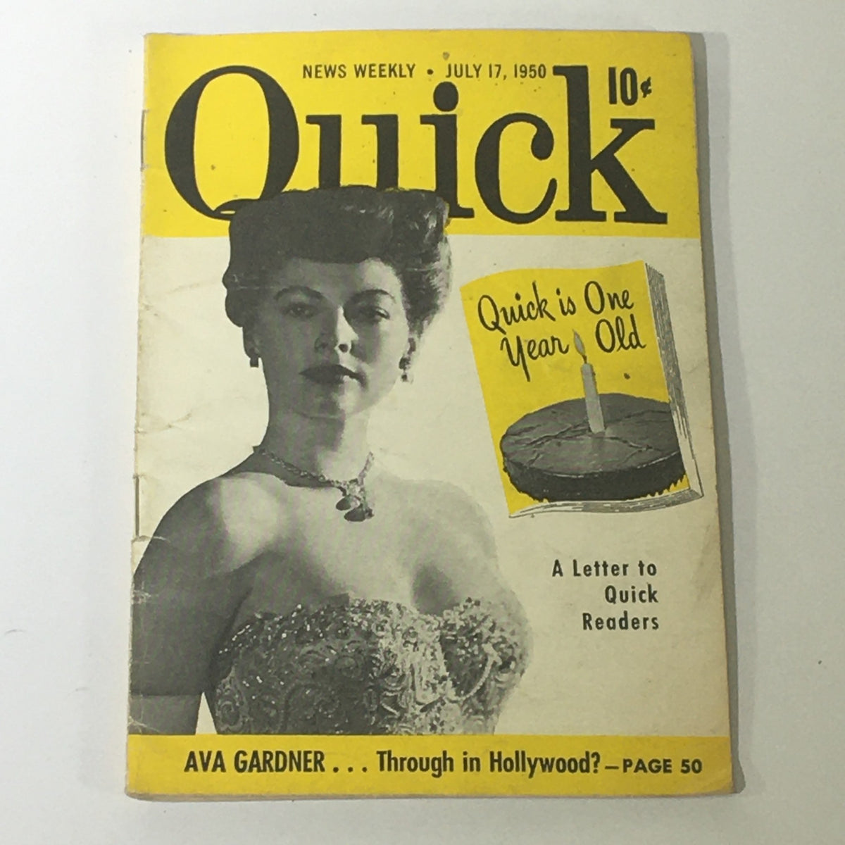 Cover of VTG Quick News Weekly July 17, 1950 Vol 3 #3 featuring actress Ava Gardner. The magazine showcases a vintage aesthetic with a bright yellow background and the headline "Quick is One Year Old".