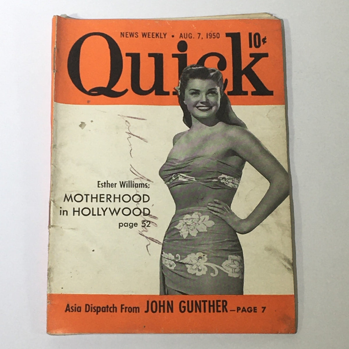 Cover of VTG Quick News Weekly August 7, 1950 Volume 3 #6 featuring Esther Williams in a floral swimsuit, showcasing classic Hollywood style and culture.