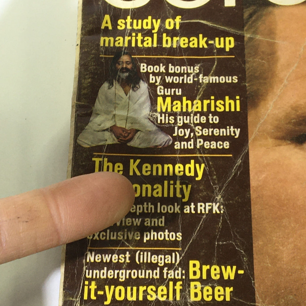 Close-up of the VTG Coronet Magazine July 1968 Vol 6 #7 cover, highlighting the article 'The Kennedy Personality,' alongside features like a study on marital break-up and advice from Maharishi.