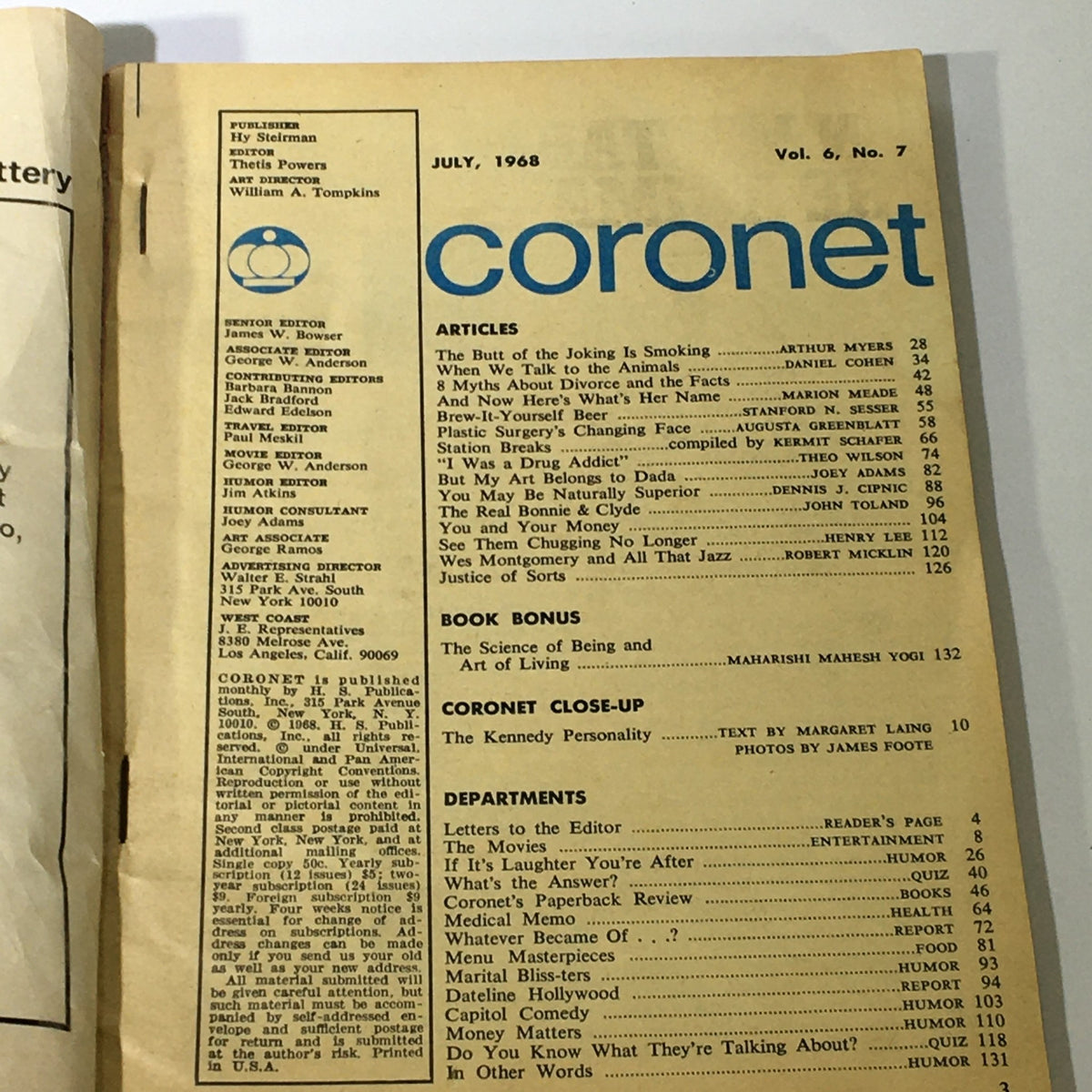Inside page of VTG Coronet Magazine July 1968 Vol 6 #7 displaying the table of contents and detailing various articles including the book bonus on the Science of Being and Art of Living.