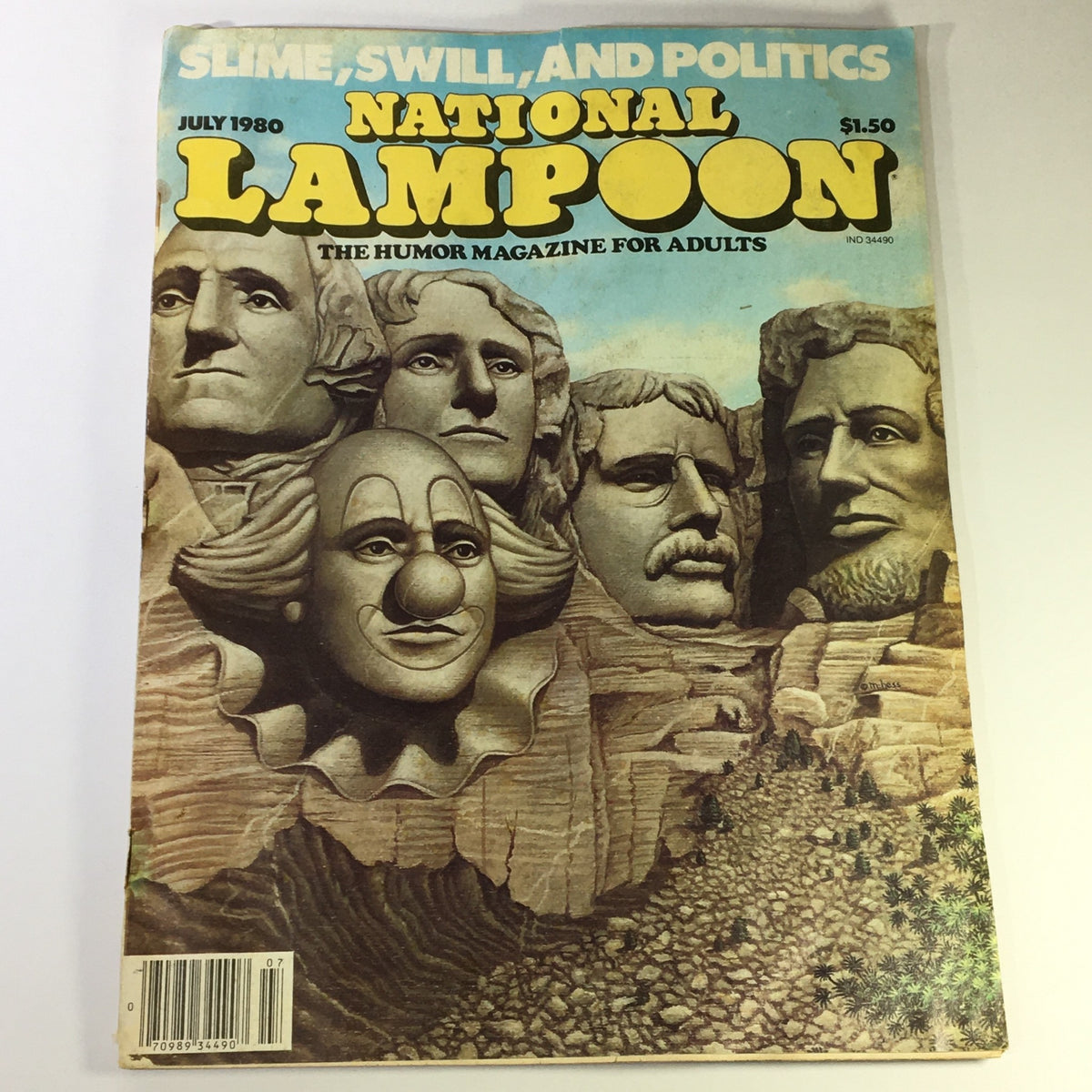 Vintage National Lampoon July 1980 Magazine Cover featuring comedic art with a clown, historical figures, and the title 'National Lampoon: The Humor Magazine for Adults'