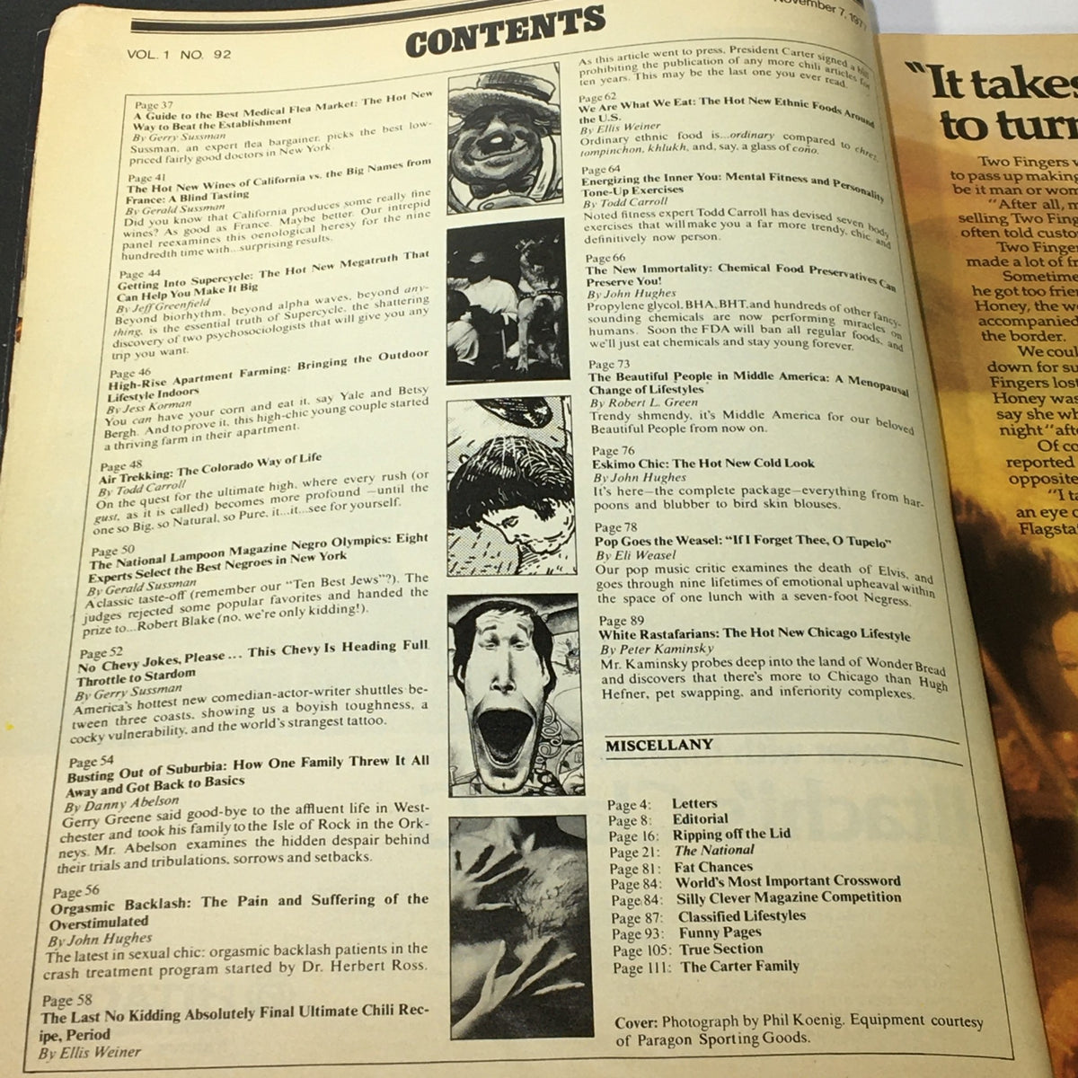 Contents page of National Lampoon Magazine November 1977 Vol 1 #92 showcasing a list of articles and illustrations, highlighting the magazine's satirical and comedic tone.