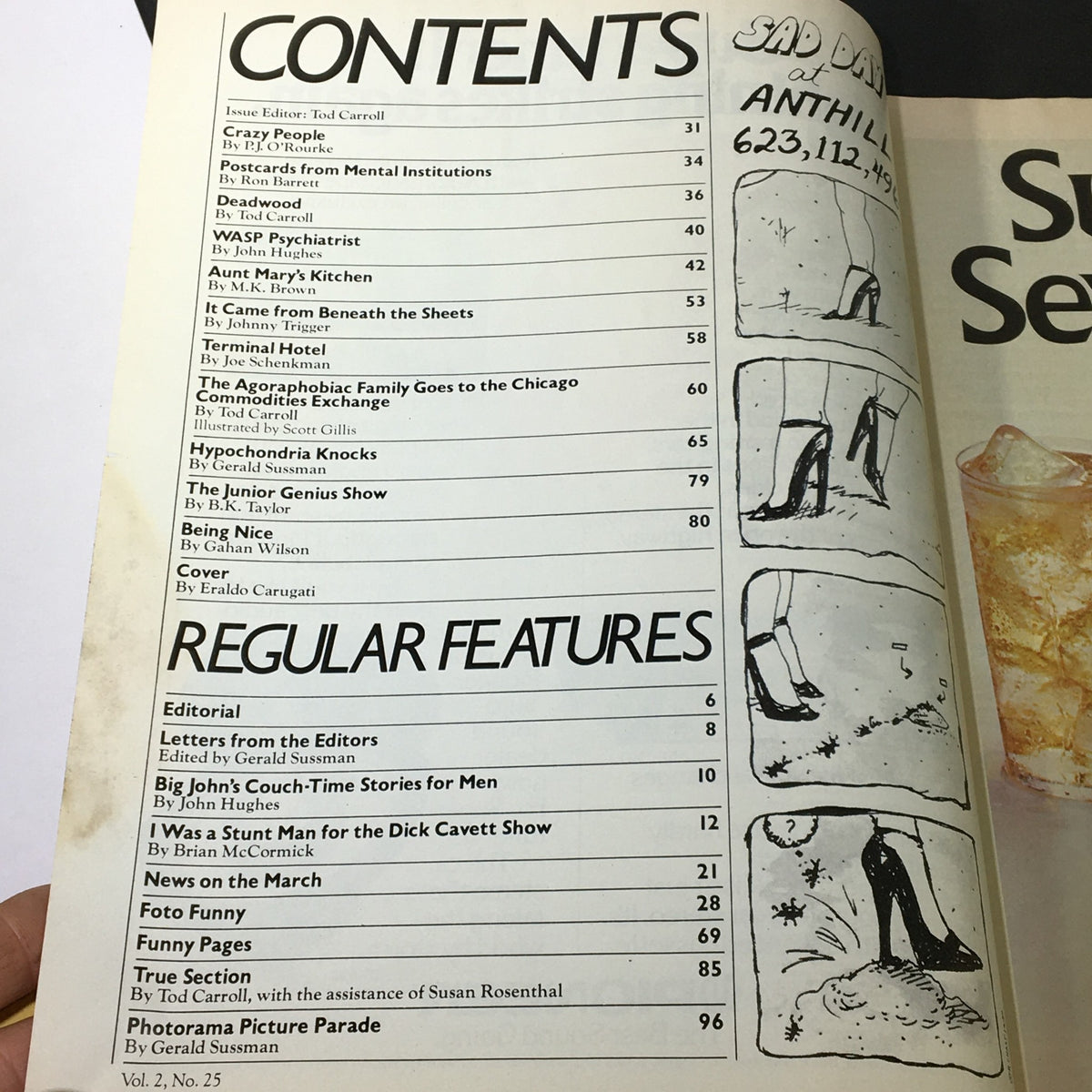 Table of contents from the National Lampoon Magazine August 1980 Anxiety Issue, showcasing featured articles and regular features.
