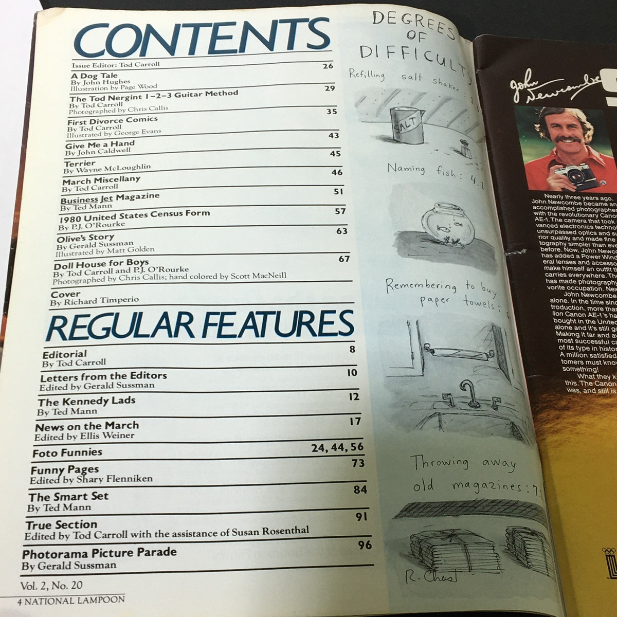 Contents page of the National Lampoon Magazine from March 1980, featuring the unique "Olive Story" as a highlighted article. The layout includes section titles such as 'Regular Features,' 'Editorial,' and lists various features along with page numbers, representing the classic humorous style of National Lampoon. Minor wear can be noted on the page edges.