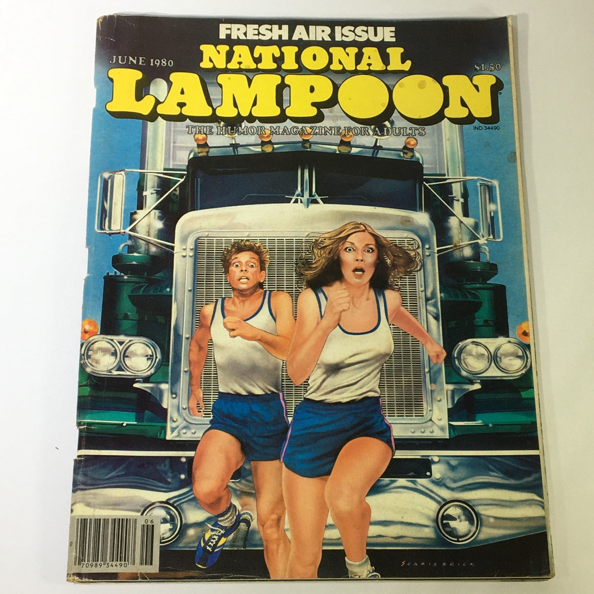 Cover of National Lampoon Magazine June 1980 featuring a humorous illustration of two people running from a truck, showcasing the magazine's vibrant colors and iconic design.