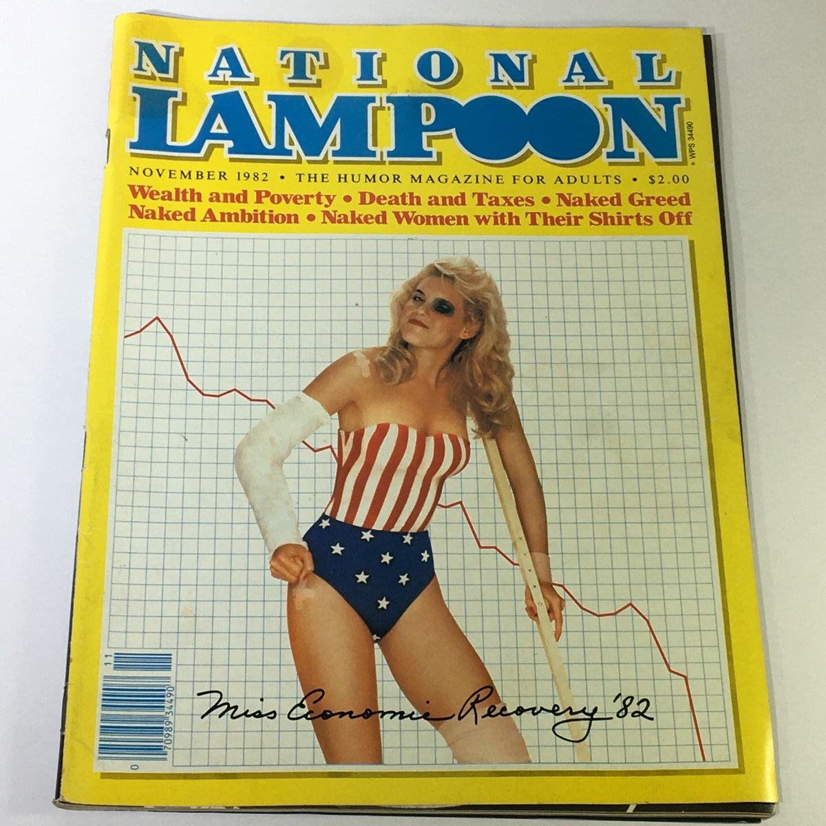 Cover of National Lampoon Magazine November 1982 Issue featuring a woman in patriotic attire with the headline Wealth and Poverty, Naked Greed, and Naked Ambition.