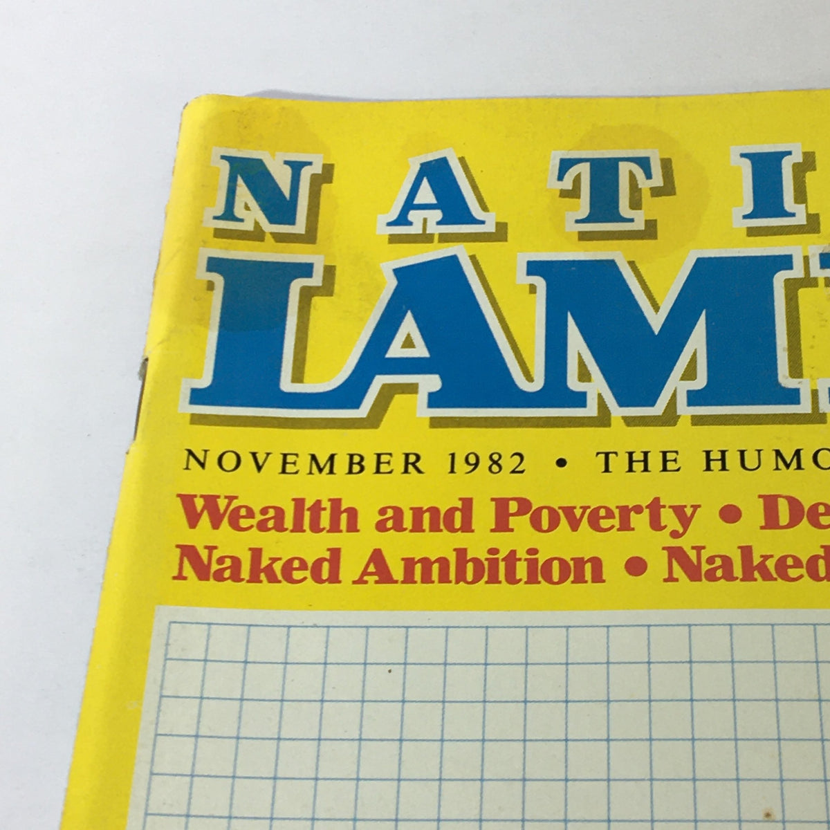 Detailed view of the National Lampoon Magazine title and subtitle from the November 1982 Issue, focusing on the themes of Wealth and Poverty, Naked Ambition, and Naked Greed.