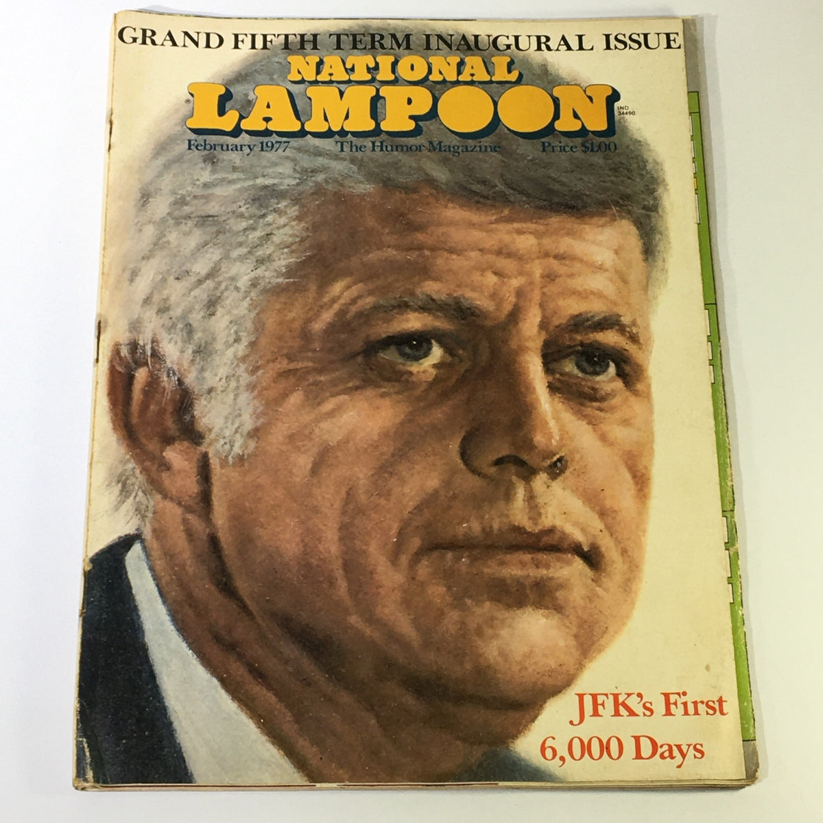 Cover of National Lampoon Magazine February 1977 featuring a detailed portrait of John F. Kennedy, showcasing the humor magazine's iconic design.