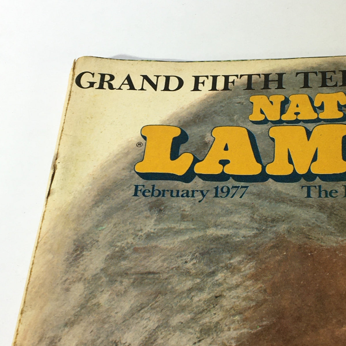 Upper section of the cover of National Lampoon Magazine February 1977, emphasizing the publication title and the issue date, illustrating vintage magazine aesthetics.