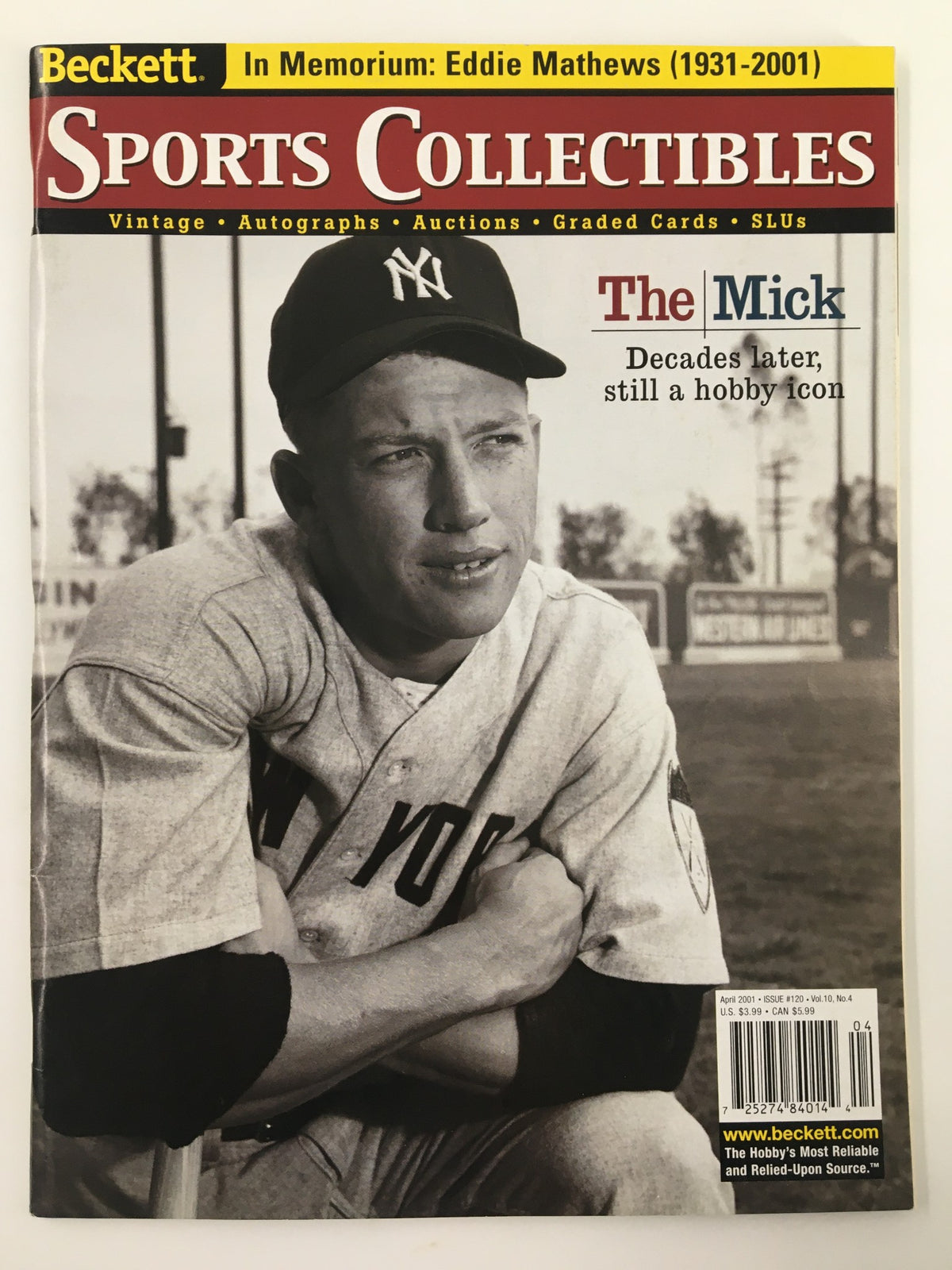 Cover of Beckett Sports Collectibles April 2001 #120 magazine featuring Mickey Mantle, a legendary baseball player, highlighting his impact on sports culture.