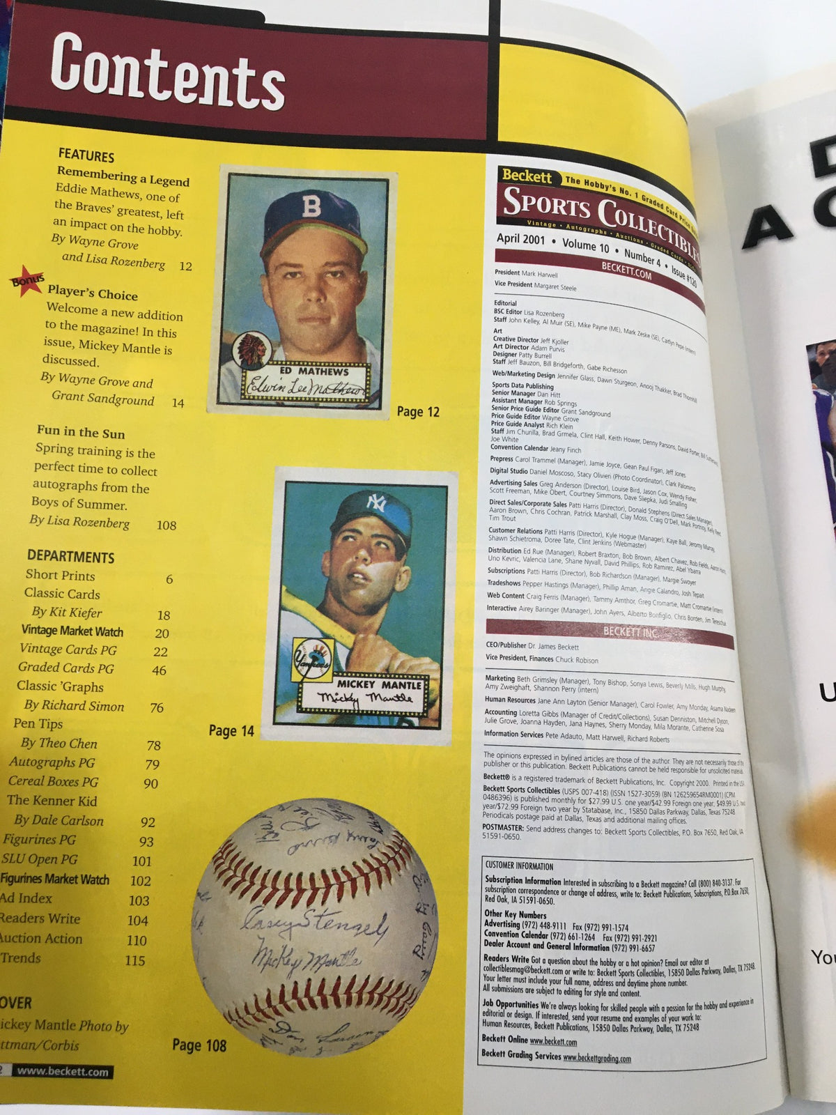 Contents page from Beckett Sports Collectibles April 2001 #120 featuring feature articles including Mickey Mantle memorabilia and collectible sports cards.
