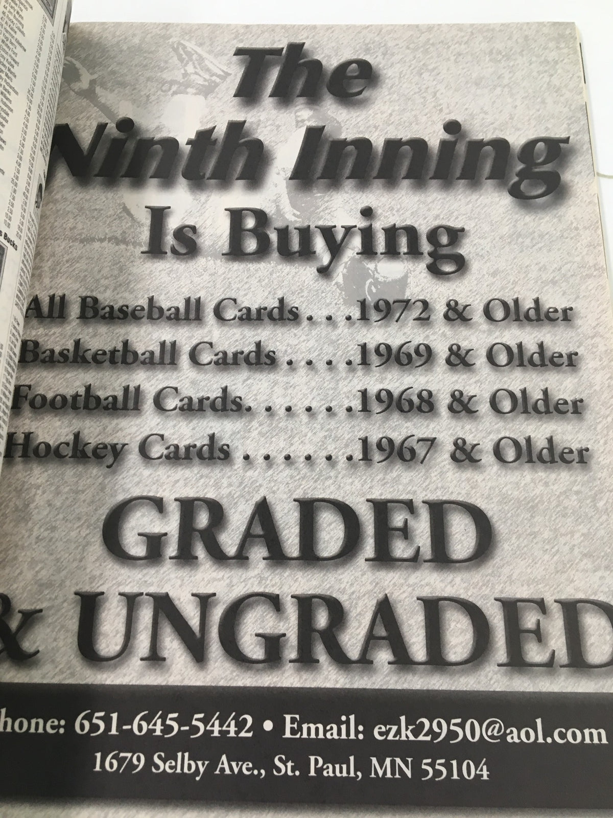 Advertisement page from Beckett Sports Collectibles April 2001 #120 promoting card purchasing services for various sports.