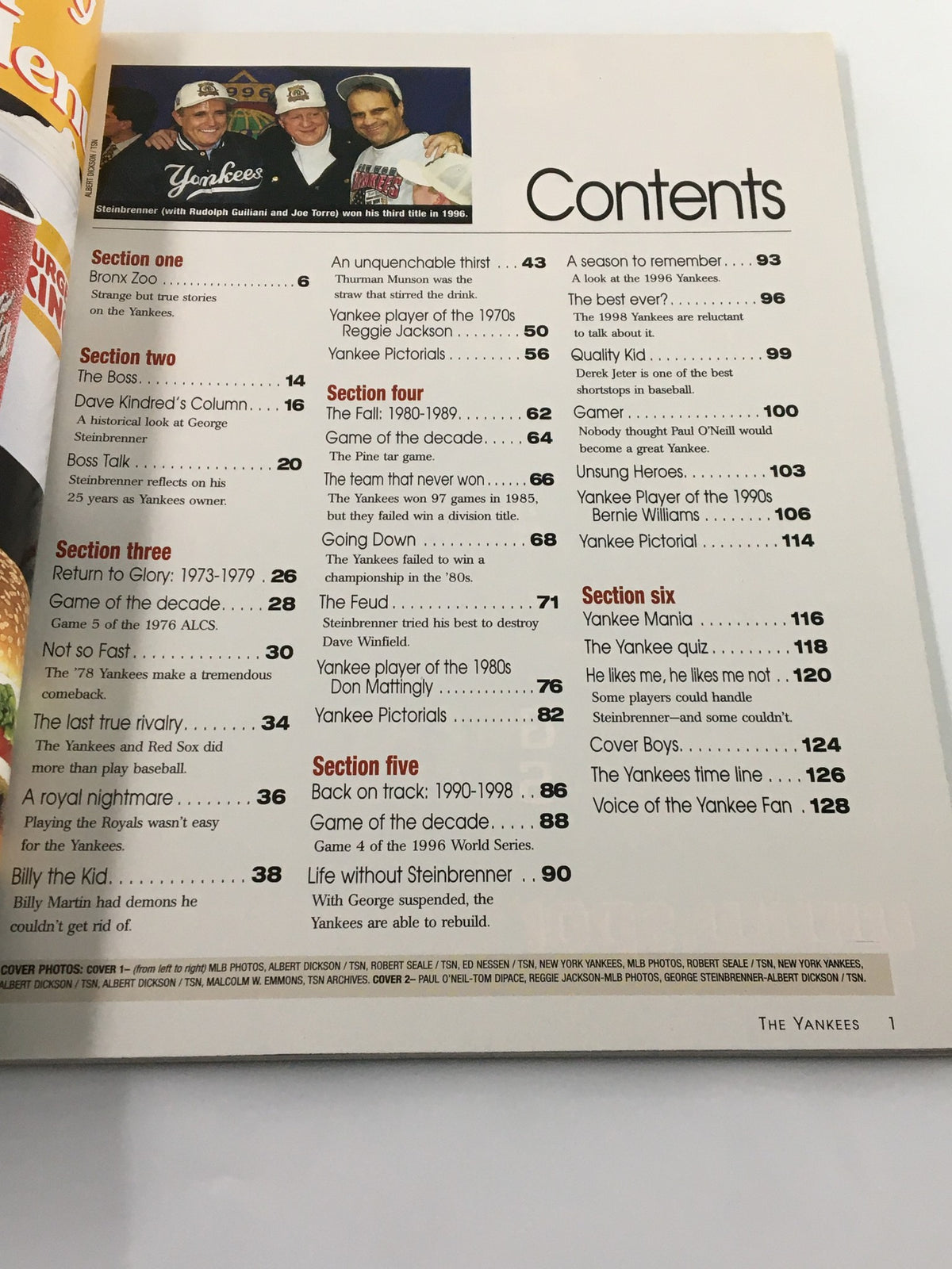 The Sporting News The Yankees 1998 magazine contents page listing articles on the team's history, notable games, and player recognition.