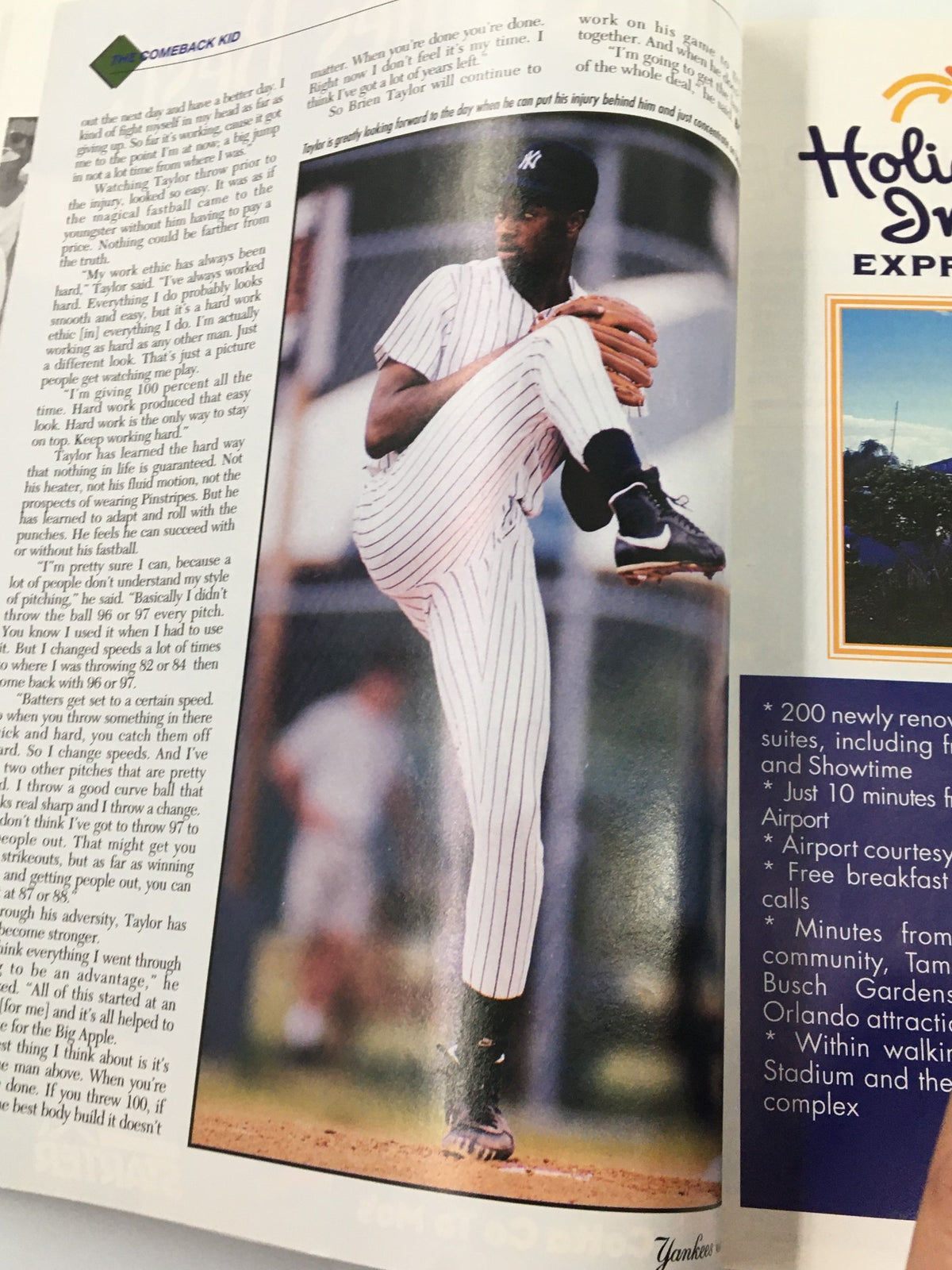 Inside page of Yankees Magazine March 31, 1995 featuring the 'Comeback Kid' article with an image of a Yankees pitcher in action.