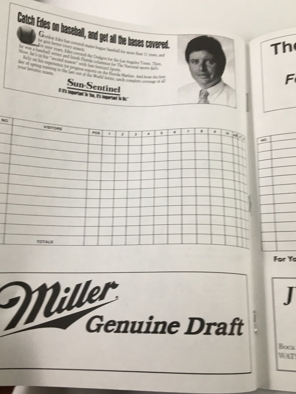 Interior page of Yankees Magazine March 31, 1995, featuring a column about baseball coverage and promotional content for Sun-Sentinel with Miller Genuine Draft branding.