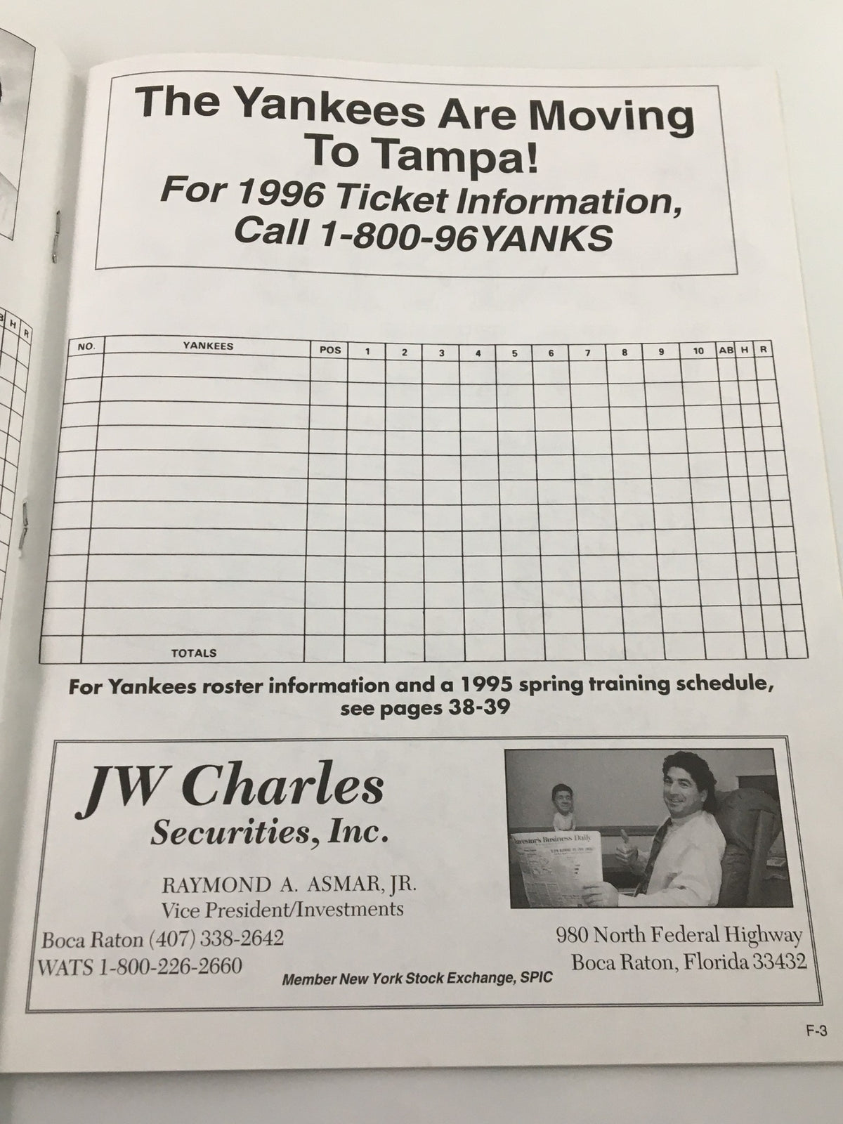 Another interior page of Yankees Magazine March 31, 1995, announcing the Yankees' move to Tampa for the following season, along with ticket information and ads for JW Charles Securities.