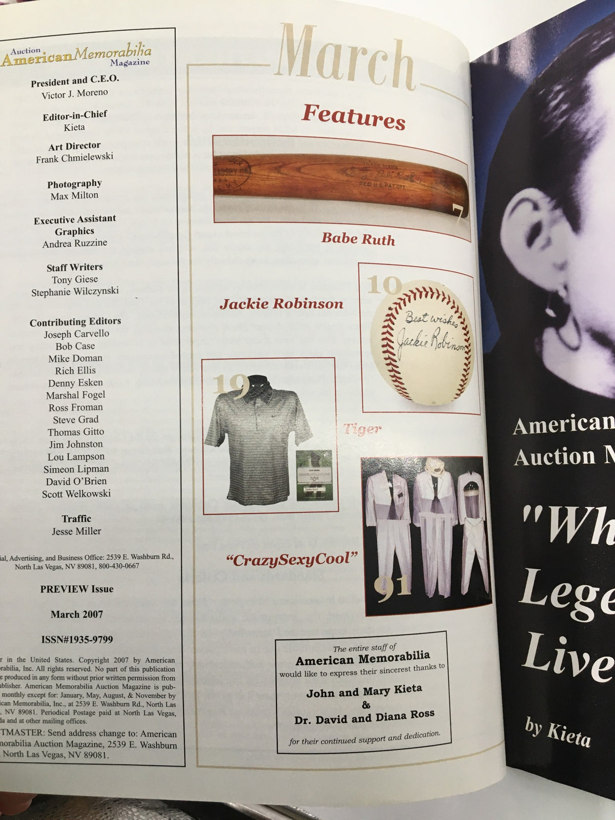 Inside page of American Memorabilia Magazine March 2007 displaying features including Babe Ruth and Jackie Robinson, details of sports auctions with memorabilia highlights.