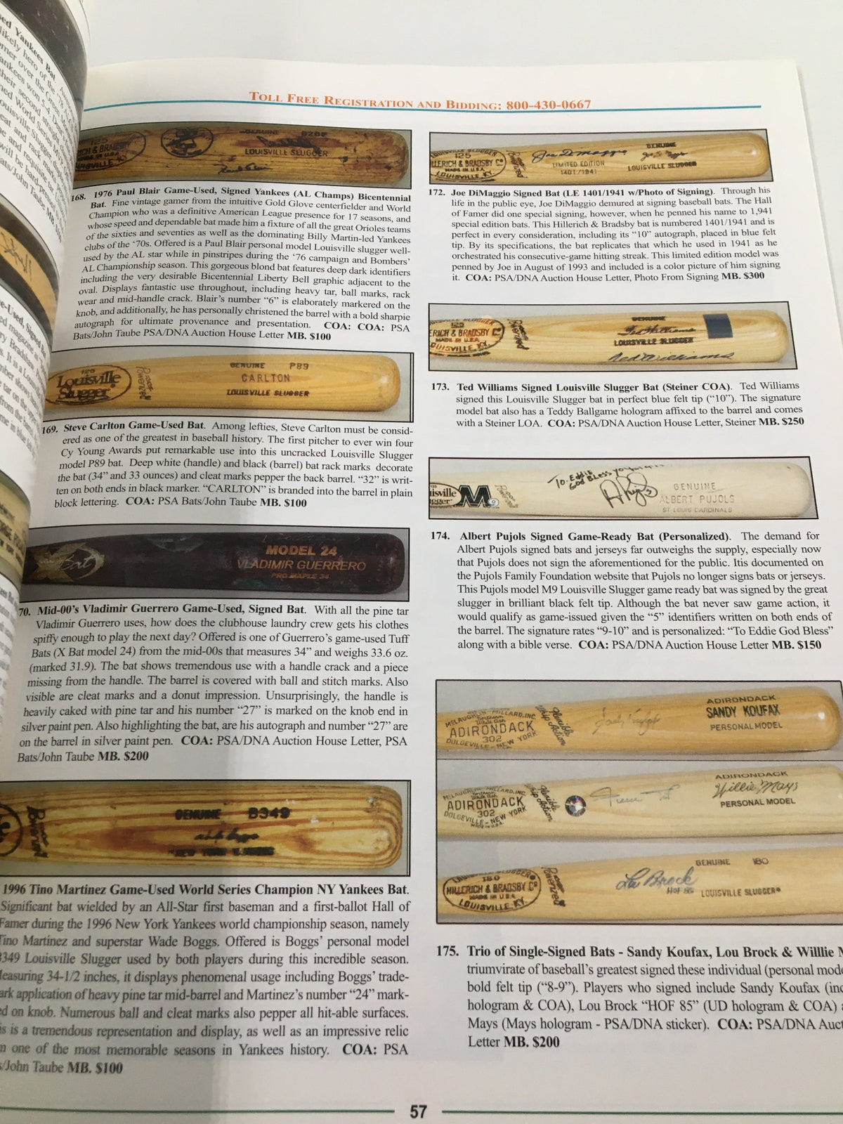 Page from American Memorabilia Magazine March 2007 listing various game-used bats for auction, showcasing notable baseball memorabilia items.