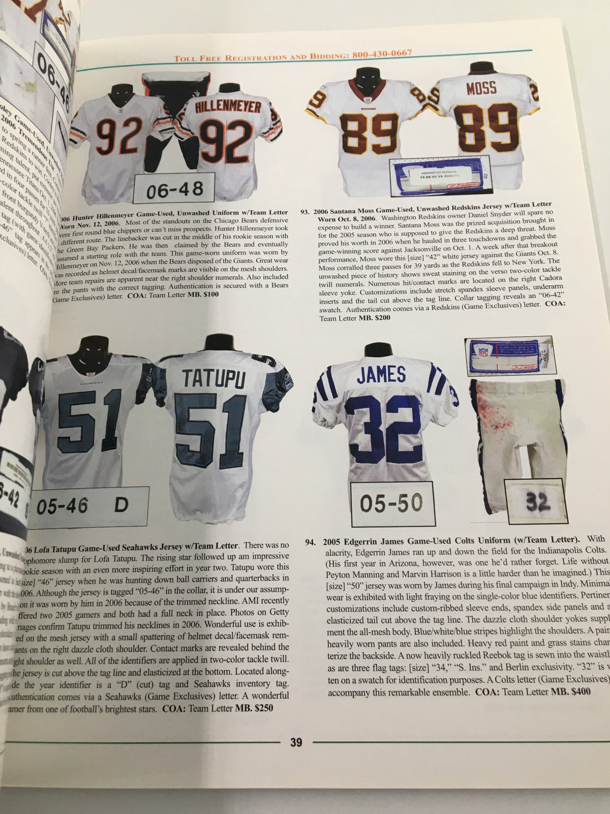 Auction page from American Memorabilia Magazine March 2007 featuring game-used football jerseys, displaying sports memorabilia for collectors.