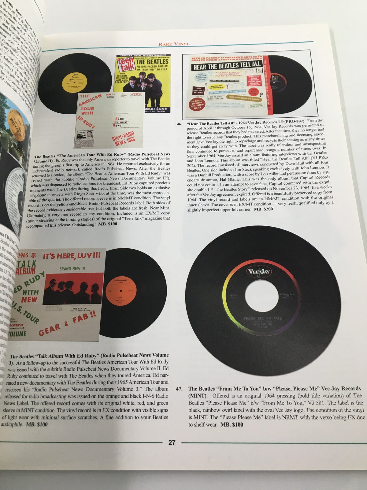 Vintage magazine page showcasing rare Beatles vinyl records, featuring iconic titles like 'Please Please Me' and promotional collectibles, from the American Memorabilia Magazine March 2007 Babe Ruth Spring Auction.