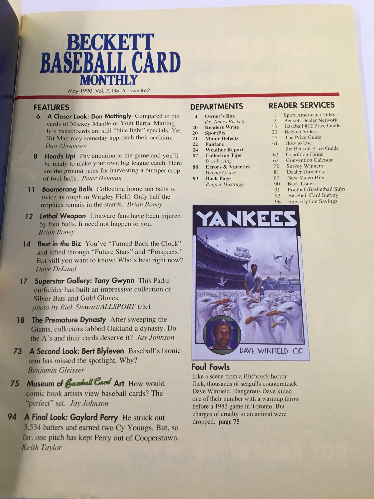 Inside page of Beckett Baseball Card Monthly May 1990, Issue #62, displaying features and articles including a spotlight on Dave Winfield and a section on baseball history.