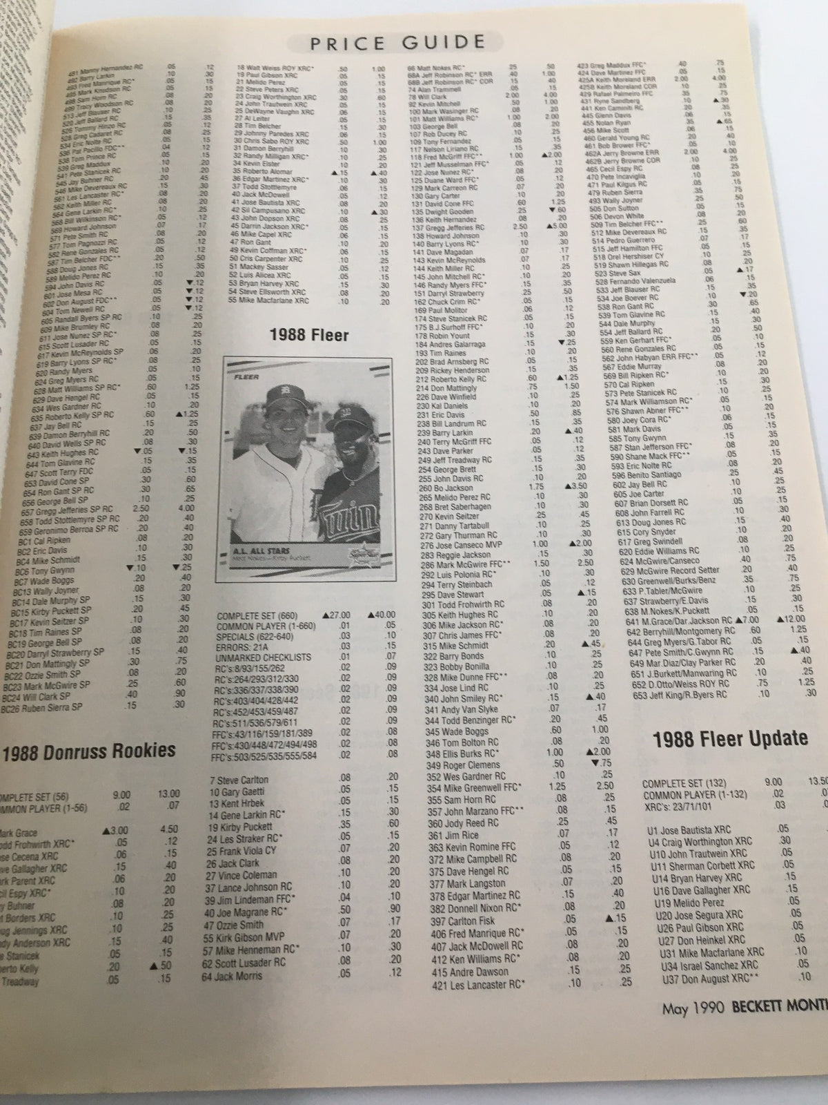Beckett Baseball Card Monthly May 1990 Don Mattingly Cover No Label VG - Price guide with listings for 1988 Donruss Rookies and 1988 Fleer baseball cards.
