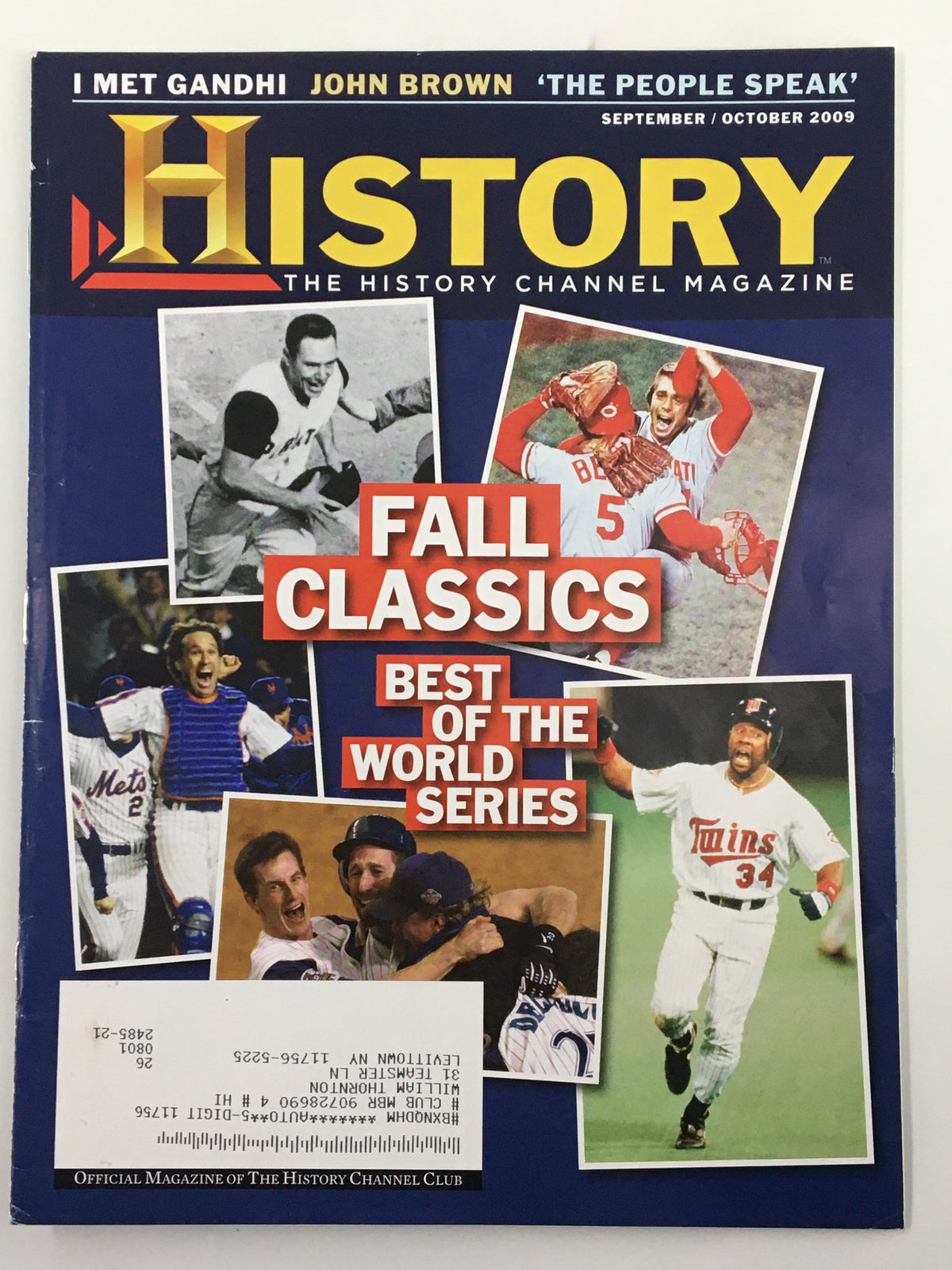 Cover of History Channel Magazine September 2009 featuring the title 'Fall Classics Best of the World Series' with images of baseball players and historic sports moments.