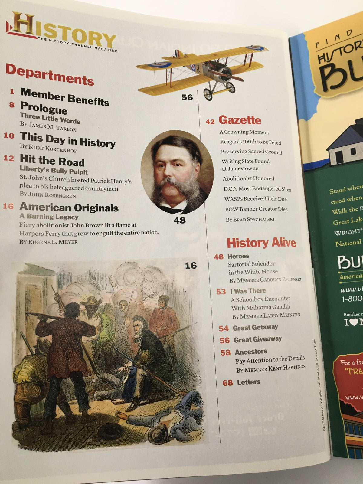 Table of contents page from History Channel Magazine September 2009, outlining featured departments and articles including 'This Day in History' and 'American Originals'.