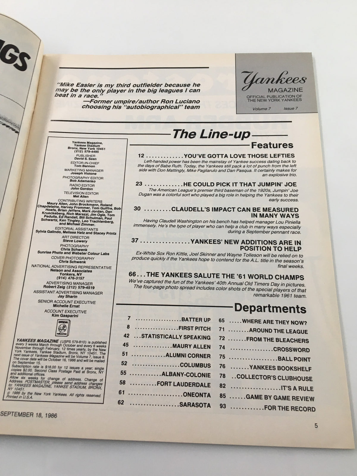 Table of contents from Yankees Magazine September 18, 1986 detailing the lineup of articles, including features on Don Mattingly and Claudell Washington.
