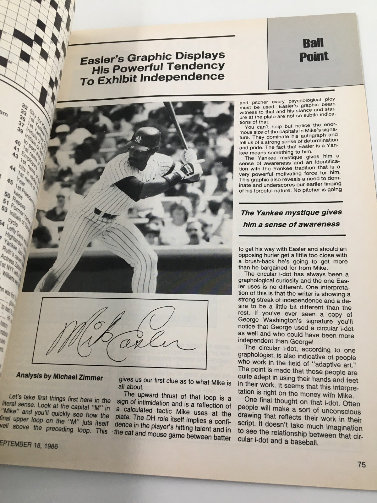 Article page from Yankees Magazine September 18, 1986 titled 'Easler's Graphic Displays His Powerful Tendency To Exhibit Independence' featuring analysis and graphics related to player Mike Easler.