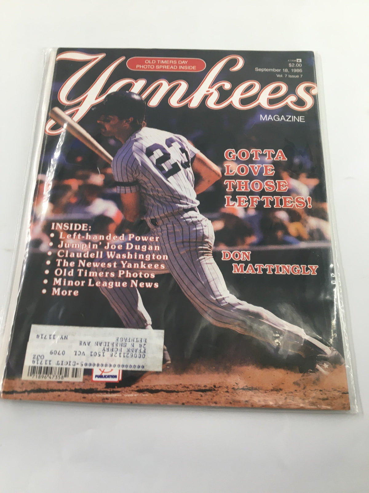 Cover of Yankees Magazine from September 18, 1986, featuring Don Mattingly with a bat, highlighting the theme 'Gotta Love Those Lefties!' and showcasing articles about Joe Dugan and Claudell Washington.