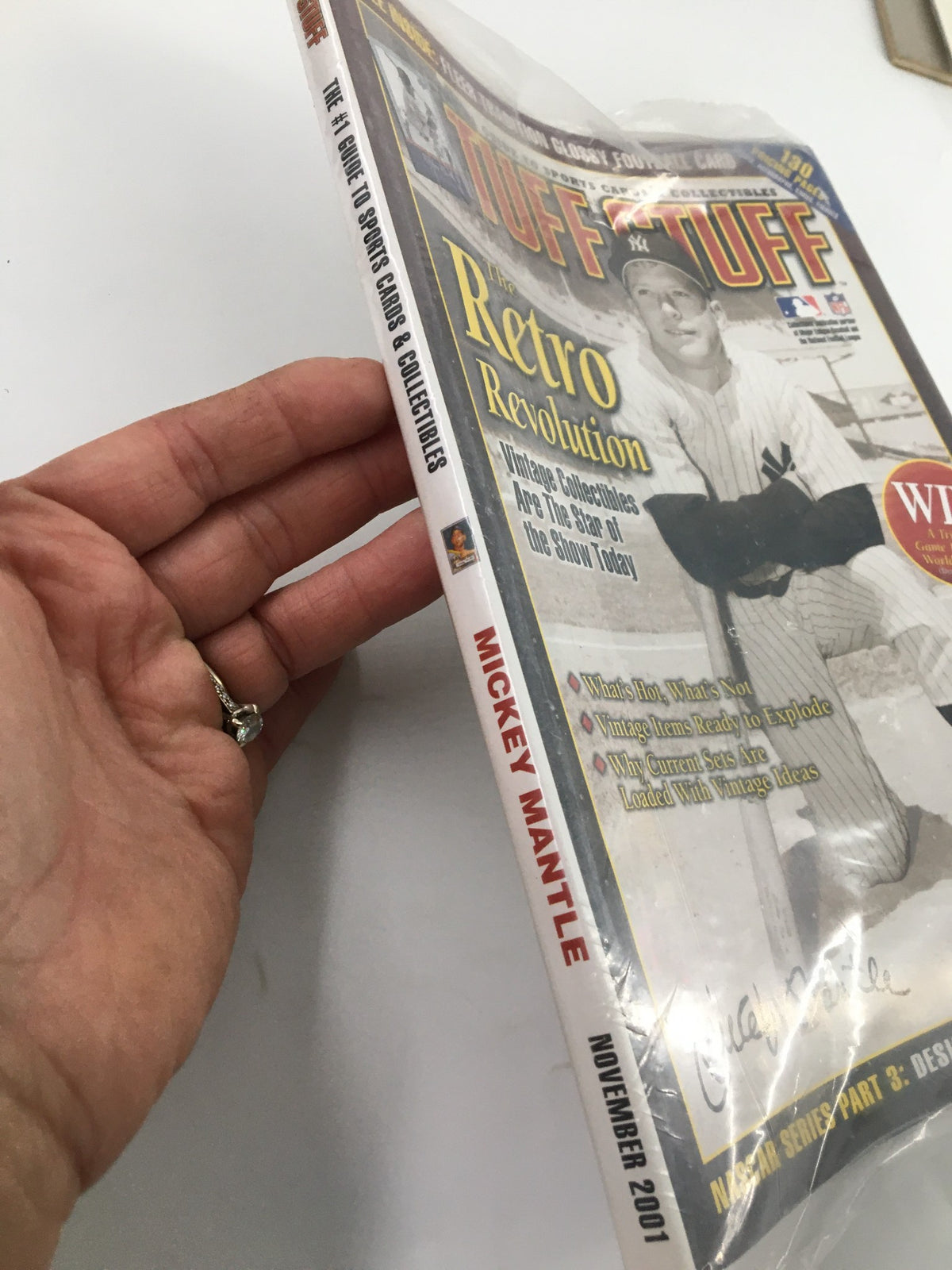 Cover of Tuff Stuff Guide To Sports Cards & Collectibles November 2001 featuring Mickey Mantle. The magazine is sealed and showcases retro sports collectibles.