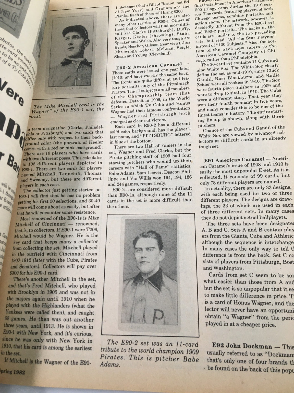 Page from VTG Baseball Cards Magazine Spring 1982 discussing the E90 and E91 American Caramel baseball cards with illustrated player images.