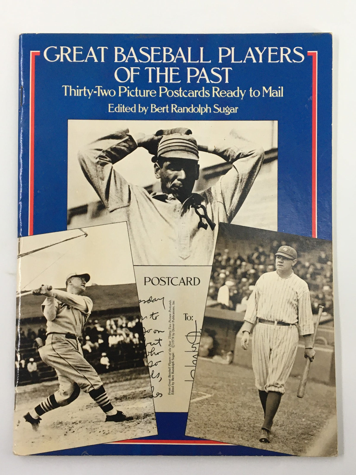 Cover of the 1978 Great Baseball Players of The Past magazine featuring images of legendary baseball players, showcasing a vintage postcard format.